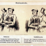 Fig. 33. Henry Ritter, «Wahlumtriebe», Arnz & Co, Düsseldorf, 1848, litografia a gesso (Lexikon der Revolutions-Iconographie, Historisches Institut, Justus-Liebig-Universität Gießen)