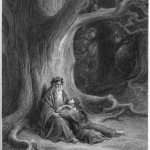 Fig. 06 – Gustave Doré, «Vivien getta un sortilegio su Merlin», incisione su acciaio, in Alfred Tennyson, “Idylls of the King. Vivien”, Moxon and Co, London 1868, in-folio, tavola XVIII.