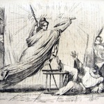 Fig. 17 – Antonio Masutti, «Baldassarre ebbe a Daniele a spiegargli la visione…e a donar chi gli farà il favore», in «Il Don Pirlone», 7 febbraio 1849, litografia in penna.