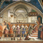 Fig. 01 – Domenico Ghirlandaio, «Conferma della regola dell’Ordine di San Francesco», 1482-1485, affresco, Cappella Sassetti, Santa Trinita, Firenze