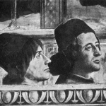 Fig. 04 – Domenico Ghirlandaio, «Conferma della regola dell’Ordine di San Francesco», 1482-1485, affresco, Cappella Sassetti, Santa Trinita, Firenze (particolare: Angelo Matteo Franco e Luigi Pulci)