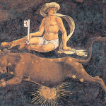 Fig. 09 – Francesco Cossa, «Ciclo dei Mesi. Aprile», 1468-1470 circa, affresco, Sala dei mesi, Palazzo Schifanoia, Ferrara (particolare: i decani di Aprile)